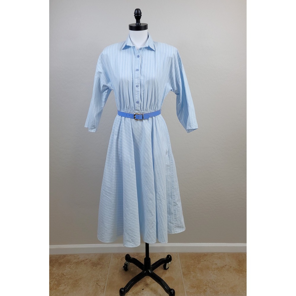 Vintage 80s Shirtdress Womens 6 Blue Striped Cotton Belted - American Creations
